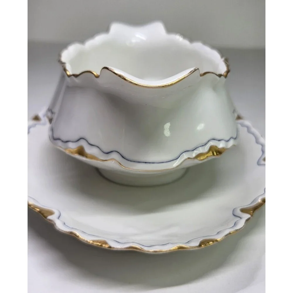 Antique Haviland Limoges Gravy Boat With Attached Under Plate Gold Blue France